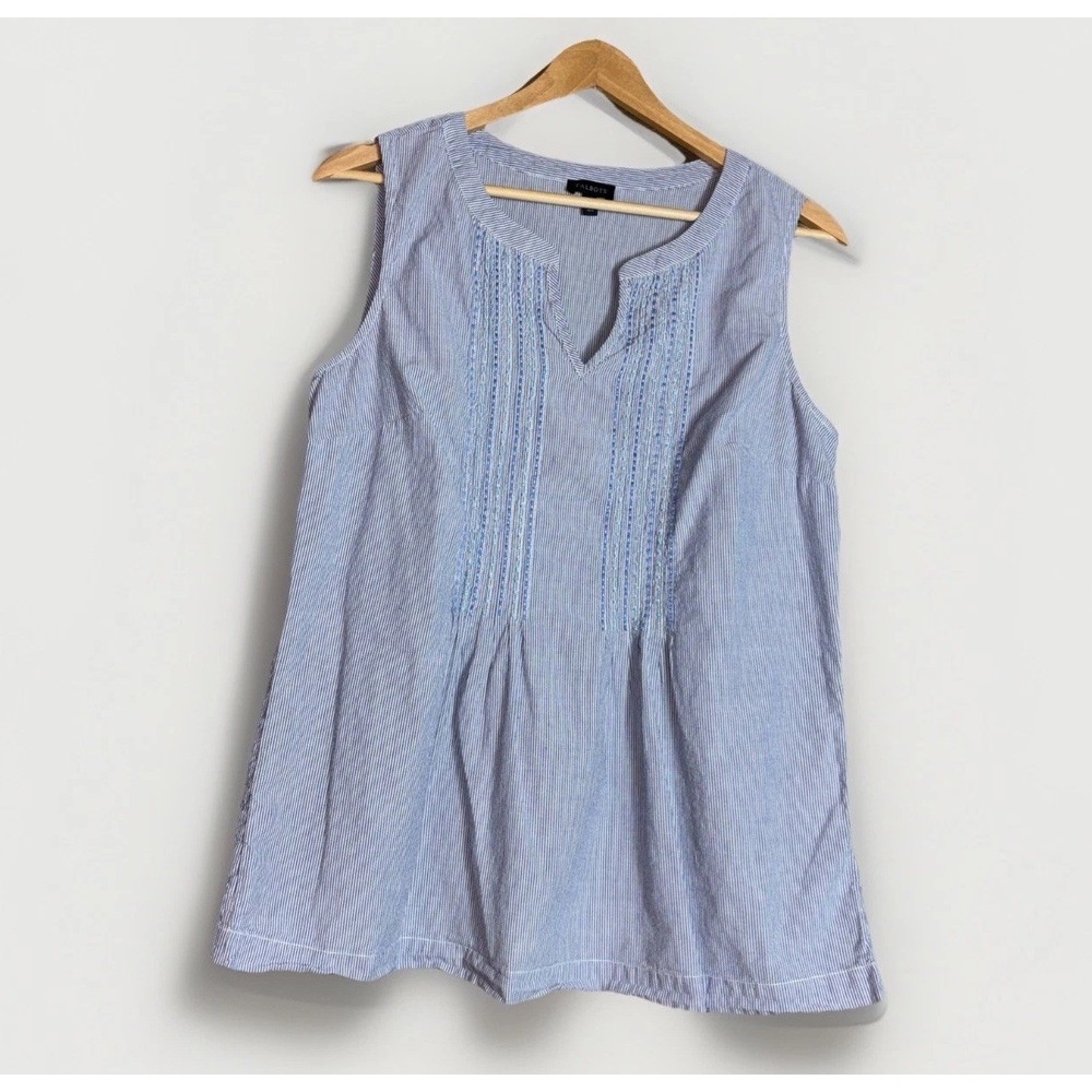 Talbots Sleeveless Top Size M Blue White Striped Lightweight Beading Embroidery